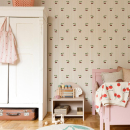 Little Cherries on Pink Stripes interior wallpaper