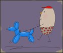ARTWORK ON CANVAS - MR. EGG ON A WALK WITH A BALLOON DOG