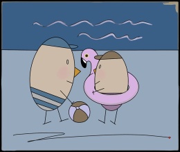 ARTWORK ON CANVAS - MR. EGG WITH HIS SON ON THE BEACH