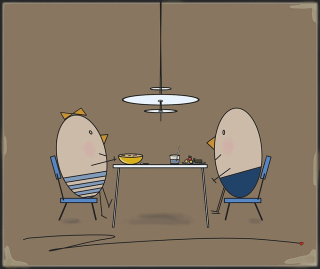 KUNSTWERK AUF LEINWAND - MR. UND MRS. EGG IN EINEM RESTAURANT