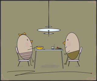 KUNSTWERK AUF LEINWAND - MR. UND MRS. EGG IN EINEM RESTAURANT