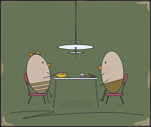 ARTWORK ON CANVAS - MR. AND MRS. EGG IN A RESTAURANT