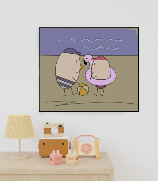 KUNSTWERK AUF LEINWAND - MR. EGG MIT SEINEM SOHN AM STRAND