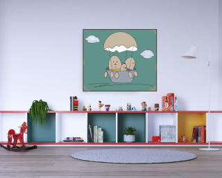 KUNSTWERK AUF LEINWAND - EGG FAMILY FLIEGT IN EINEM BALLON